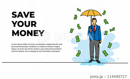 Vector illustration of man holding umbrella standing under raining money. Modern flat in continuous line style. Vector illustration of man holding umbrella standing under raining money. Modern flat in continuous line style. 114490727