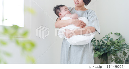0歳の赤ちゃんを抱っこするママ 114490924