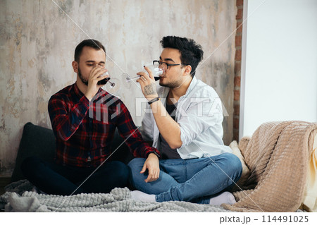 Laughing male gay couple drinking wine and preparing a meal Laughing male gay couple drinking wine and preparing a meal 114491025