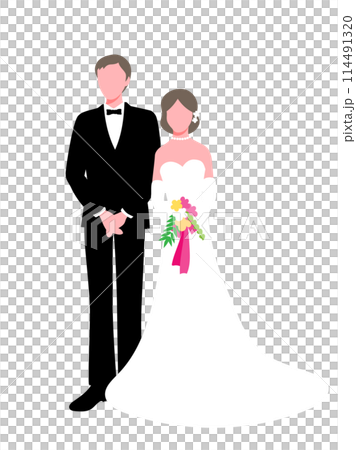 Portrait of a bride in a wedding dress and a groom in a tuxedo 114491320