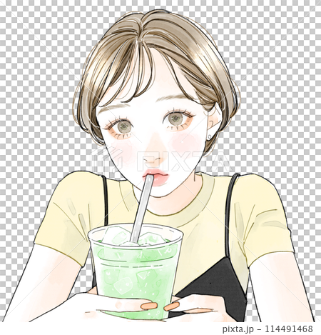 Woman drinking melon soda Woman drinking melon soda 114491468