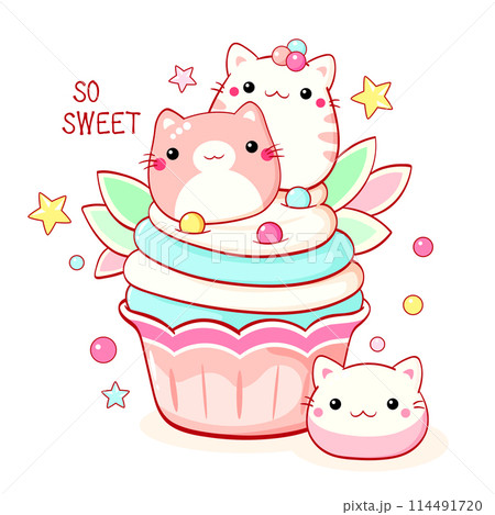 Cute cat-shaped dessert in kawaii style. Cake,のイラスト素材