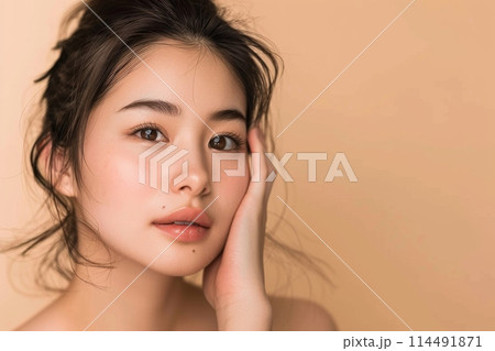 肌の綺麗な日本人女性（スキンケア・メイク・モデル・背景なし） 114491871