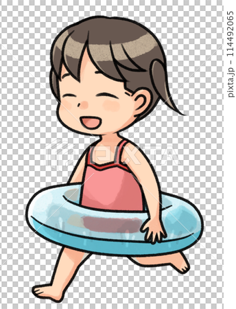 A girl running with a swim ring 114492065