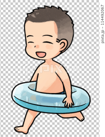 A boy running with a swim ring 114492067