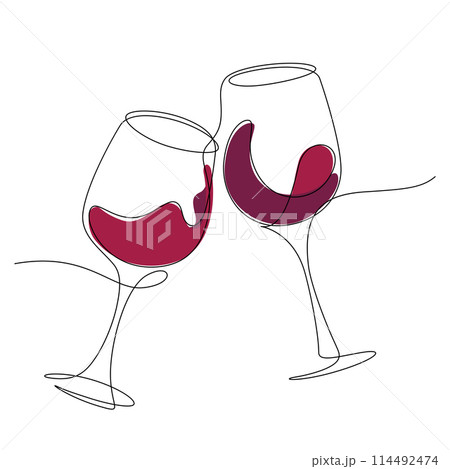 one line continuous of red wine celebratory toast cheers together minimalism 114492474