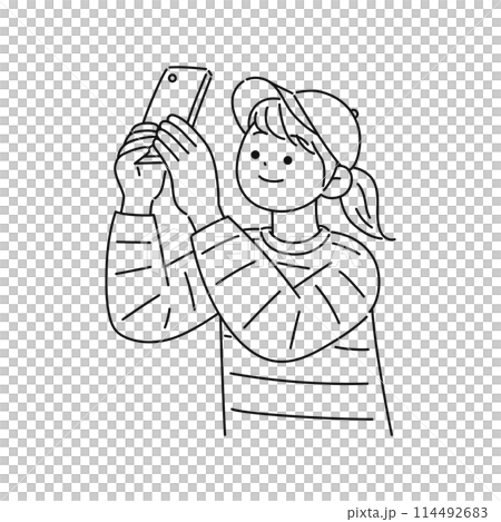 スマホで撮影する女性・線画 スマホで撮影する女性・線画 114492683