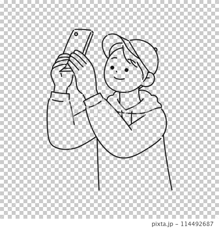 スマホで撮影する男性・線画 114492687