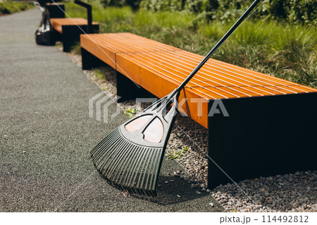 New modern wooden bench in park. Outdoor city architecture, cleaning green lawn from leaf by rake New modern wooden bench in park. Outdoor city architecture, cleaning green lawn from leaf by rake 114492812