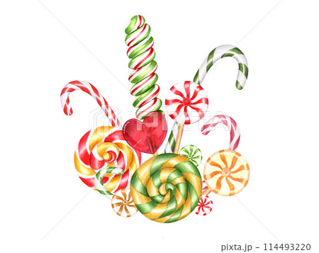 Candy bouquet. Candy cane, spiral caramels, heart shape lollipop and bonbons with striped swirls. Sweetness multicolored dessert of various shape and taste. Watercolor illustration for gift decor 114493220