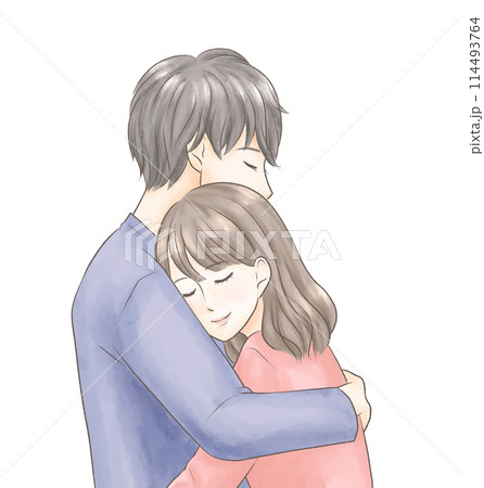 リラックスしながらハグをする若い夫婦　水彩風 114493764