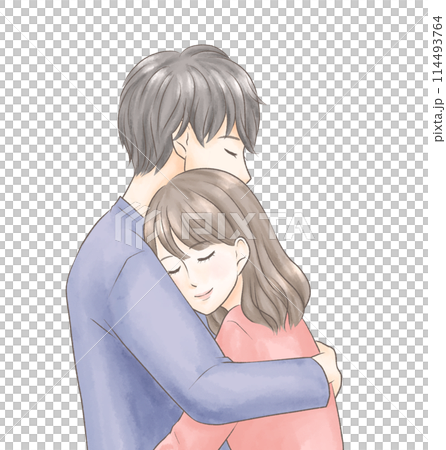 リラックスしながらハグをする若い夫婦　水彩風 114493764
