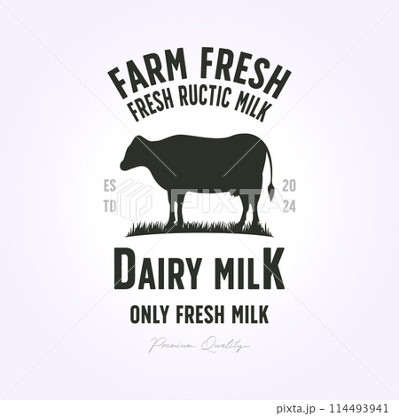 vector fresh natural milk logo. typography design with livestock silhouettes. template for dairy farming and milk business - shop, market, packaging and menu 114493941