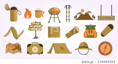 set bundle design vector logo icon outdoor camping. holiday vintage illustration 114494383
