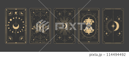 Tarot reverce border magic sacred cover card frame gold line border celelstial mystery esoteric decoration with moth stars and moon on dark background. Tarot reverce border magic sacred cover card frame gold line border celelstial mystery esoteric decoration with moth stars and moon on dark background. 114494492