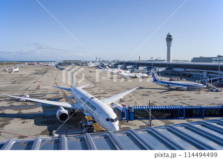 中部国際空港セントレア『スカイデッキ』からの展望・エプロンで駐機する国内線旅客機 114494499