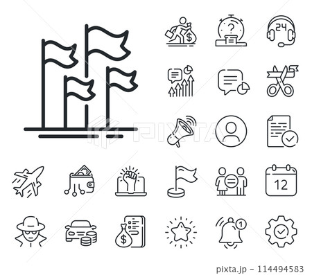 Goal success sign. Salaryman, gender equality and alert bell outline icons. Flags line icon. Leadership symbol. Flags line sign. Spy or profile placeholder icon. Online support, strike. Vector 114494583