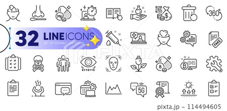 Outline set of Magnesium mineral, Cogwheel and Seo message line icons for web with Rule, Difficult stress, 5g internet thin icon. Read instruction, Recovery trash, Medical help pictogram icon. Vector Outline set of Magnesium mineral, Cogwheel and Seo message line icons for web with Rule, Difficult stress, 5g internet thin icon. Read instruction, Recovery trash, Medical help pictogram icon. Vector 114494605