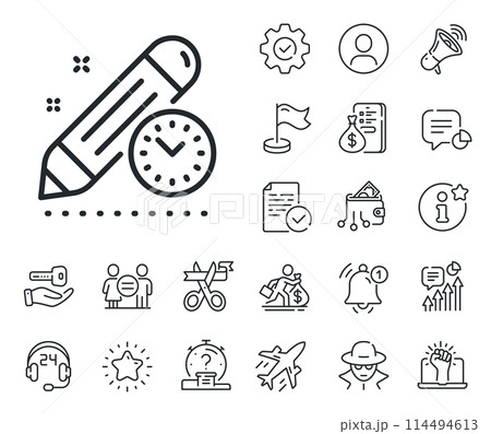 Time management sign. Salaryman, gender equality and alert bell outline icons. Project deadline line icon. Clock symbol. Project deadline line sign. Spy or profile placeholder icon. Vector 114494613