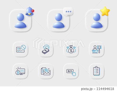 Buy button, Auction and Check investment line icons. Placeholder with 3d star, reminder bell, chat. Pack of Accounting report, Cashback, Bitcoin system icon. Checklist, Card pictogram. Vector 114494618
