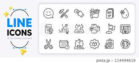 Rotation gesture, Hammer tool and Product development line icons set for app include Fingerprint, Microphone, Cut outline thin icon. Fraud, Certificate, Outsourcing pictogram icon. Vector 114494619