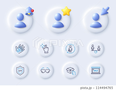 Uv protection, Sale and Replacement line icons. Placeholder with 3d cursor, bell, star. Pack of Eyeglasses, Hold box, Move gesture icon. Equity, Veins pictogram. For web app, printing. Vector 114494765