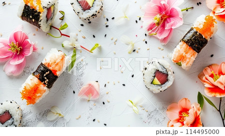 Sushi set with summer flowers on white table background Sushi set with summer flowers on white table background 114495000