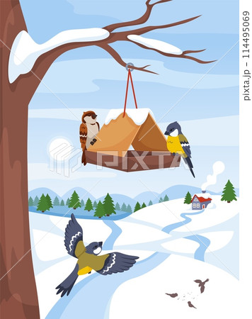 Birds on feeder. Winter landscape. Hanging house with grains on tree. Sparrows and titmouse. Wild nature. Tits pecking seeds. Cold season. Flying animal shelters. Recent vector concept Birds on feeder. Winter landscape. Hanging house with grains on tree. Sparrows and titmouse. Wild nature. Tits pecking seeds. Cold season. Flying animal shelters. Recent vector concept 114495069