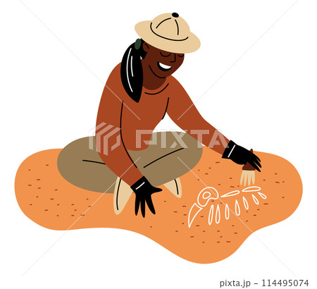 Cartoon archeology. Paleontology excavation. Archeologist digging dinosaur skeleton. Prehistoric animal bones. Historical expedition. Woman with brush. Vector archeological concept Cartoon archeology. Paleontology excavation. Archeologist digging dinosaur skeleton. Prehistoric animal bones. Historical expedition. Woman with brush. Vector archeological concept 114495074