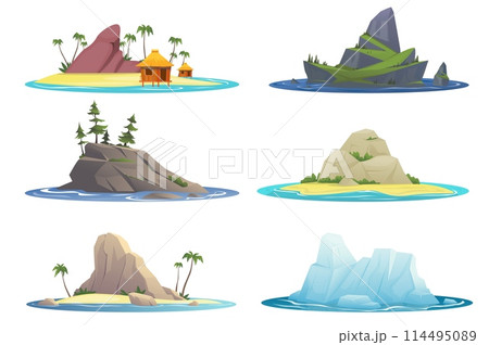 Cartoon southern and northern islands. Cold and warm currents and different types of natural elements. Polar iceberg. Tropical ocean sand beach. Sea coasts. Nature landscapes vector set 114495089