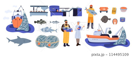 Fishing industry. Fishery elements. Vessel with nets. Processing conveyor for catch conservation. Cartoon fishermen or technologist. Seafood production. Trawler ship. Garish vector set Fishing industry. Fishery elements. Vessel with nets. Processing conveyor for catch conservation. Cartoon fishermen or technologist. Seafood production. Trawler ship. Garish vector set 114495109