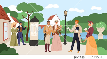 Ladies and gentlemen walking. Aristocrats in tuxedos. Women dresses. Vintage men hats. People in Victorian costumes. Retro outfits. 19th century European fashion. Garish vector concept 114495115