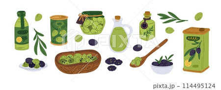 Organic olive products. Mediterranean plant fruits. Pickled and dried berries. Extra virgin oil bottle. Tin or glass jars. Natural healthy food. Vegetarian ingredients. Garish vector set Organic olive products. Mediterranean plant fruits. Pickled and dried berries. Extra virgin oil bottle. Tin or glass jars. Natural healthy food. Vegetarian ingredients. Garish vector set 114495124