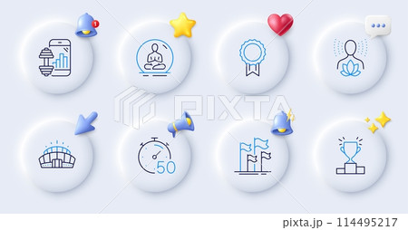 Yoga, Winner podium and Yoga balance line icons. Buttons with 3d bell, chat speech, cursor. Pack of Flags, Fitness app, Timer icon. Reward, Arena stadium pictogram. For web app, printing. Vector Yoga, Winner podium and Yoga balance line icons. Buttons with 3d bell, chat speech, cursor. Pack of Flags, Fitness app, Timer icon. Reward, Arena stadium pictogram. For web app, printing. Vector 114495217