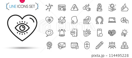 Pack of Lightning bolt, Social responsibility and Chromium mineral line icons. Include Omega, Battery, 5g internet pictogram icons. Charging station, Vaccination, Electricity plug signs. Vector 114495228