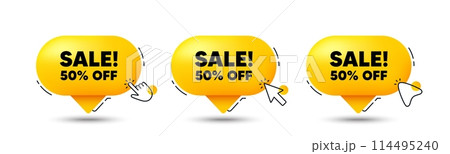Sale 50 percent off discount. Click here buttons. Promotion price offer sign. Retail badge symbol. Sale speech bubble chat message. Talk box infographics. Vector 114495240