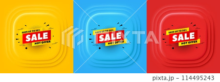 Sale 50 percent off banner. Neumorphic offer banner, flyer or poster. Discount sticker shape. Hot offer icon. Sale 50 percent promo event banner. 3d square buttons. Special deal coupon. Vector 114495243