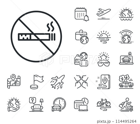 Stop smoke sign. Plane jet, travel map and baggage claim outline icons. No smoking line icon. Hotel service symbol. No smoking line sign. Car rental, taxi transport icon. Place location. Vector Stop smoke sign. Plane jet, travel map and baggage claim outline icons. No smoking line icon. Hotel service symbol. No smoking line sign. Car rental, taxi transport icon. Place location. Vector 114495264