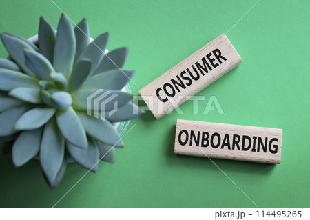 Consumer Onboarding symbol. Wooden blocks with words Consumer Onboarding. Beautiful green background with succulent plant. Business and Consumer Onboarding concept. Copy space. 114495265