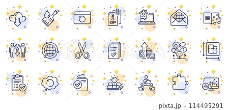 Outline set of Handout, Difficult stress and Solar panels line icons for web app. Include Cloud download, Cut, Candlestick chart pictogram icons. Inflation, Teamwork, Recovery internet signs. Vector 114495291