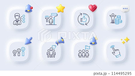 Third party, Refresh like and Painter line icons. Buttons with 3d bell, chat speech, cursor. Pack of Budget profit, Friendship, Cursor icon. Leadership, Customer satisfaction pictogram. Vector 114495295