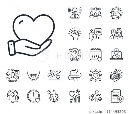 Helping hand sign. Online doctor, patient and medicine outline icons. Volunteer care line icon. Donation symbol. Volunteer line sign. Veins, nerves and cosmetic procedure icon. Intestine. Vector 114495298