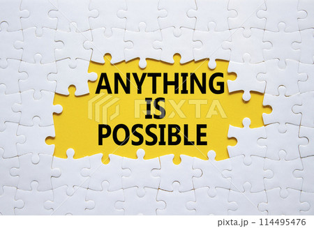 Anything is Possible symbol. White puzzle with words Anything is Possible. Beautiful yellow background. Business and Anything is Possible concept. Copy space. Anything is Possible symbol. White puzzle with words Anything is Possible. Beautiful yellow background. Business and Anything is Possible concept. Copy space. 114495476