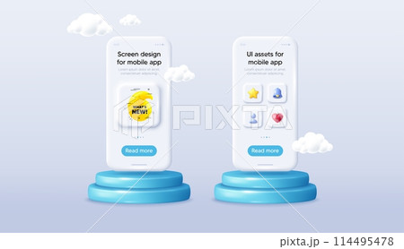 Whats new 3d bubble banner. Phone mockup on podium. Product offer 3d pedestal. Realistic yellow chat label. Offer tag icon. Background with 3d clouds. Whats new promotion message. Vector Whats new 3d bubble banner. Phone mockup on podium. Product offer 3d pedestal. Realistic yellow chat label. Offer tag icon. Background with 3d clouds. Whats new promotion message. Vector 114495478