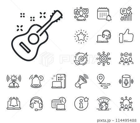 Music sign. Place location, technology and smart speaker outline icons. Acoustic guitar line icon. Musical instrument symbol. Guitar line sign. Influencer, brand ambassador icon. Vector 114495488