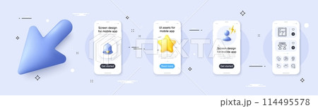 Time management, 5g technology and Window line icons pack. Phone screen mockup with 3d cursor. Alert, star and placeholder. Difficult stress, Global business, Cursor web icon. Vector 114495578