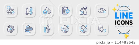 Coronavirus report, Cough and Patient line icons for web app. Pack of Copper mineral, Thermometer, Vaccination announcement pictogram icons. Intestine, Coronavirus, Magnesium mineral signs. Vector 114495648