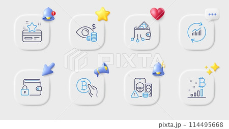 Lock, Update data and Bitcoin graph line icons. Buttons with 3d bell, chat speech, cursor. Pack of Business vision, Digital wallet, Phishing icon. Bitcoin pay, Loyalty card pictogram. Vector 114495668