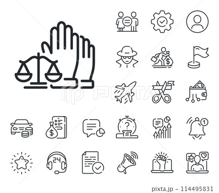 Justice scales sign. Salaryman, gender equality and alert bell outline icons. Court jury voting line icon. Judgement law symbol. Court jury line sign. Spy or profile placeholder icon. Vector 114495831