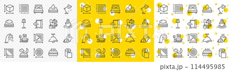 Outline Table lamp, Square meter and Paper wallpaper line icons pack for web with Box size, Floor lamp, Breathable mattress line icon. Mint bag, Pillows, Coffee break pictogram icon. Vector Outline Table lamp, Square meter and Paper wallpaper line icons pack for web with Box size, Floor lamp, Breathable mattress line icon. Mint bag, Pillows, Coffee break pictogram icon. Vector 114495985